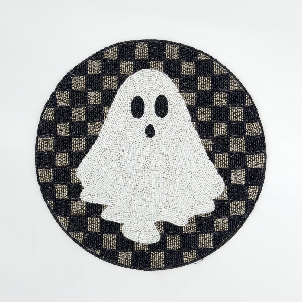 Tahari Round Black & Silver Checkered Beaded Ghost Charger Placemat NEW